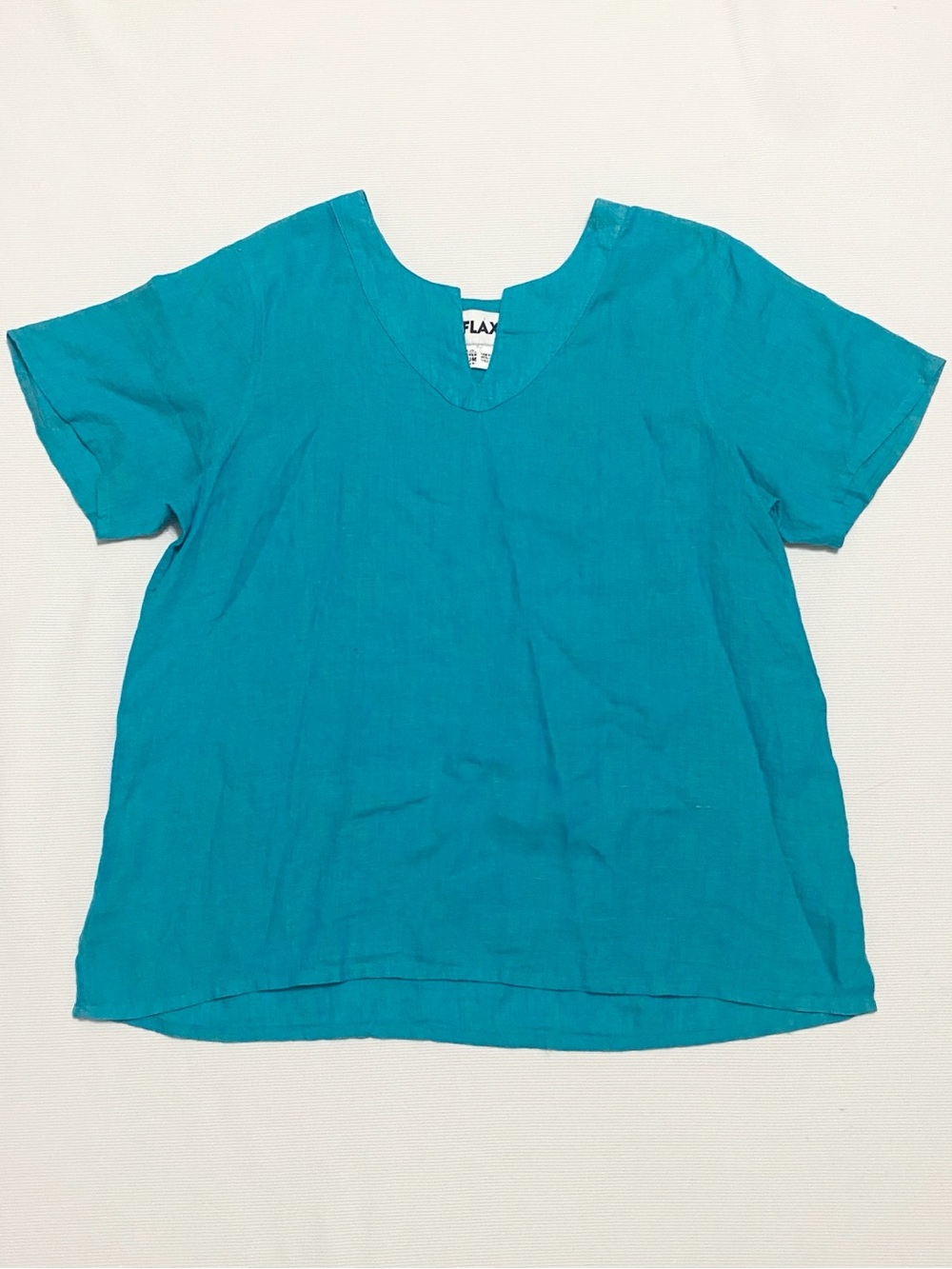 Flax 100% Linen Peacock Teal Blue V Notch Neckline Lagenlook Short Sleeve Top